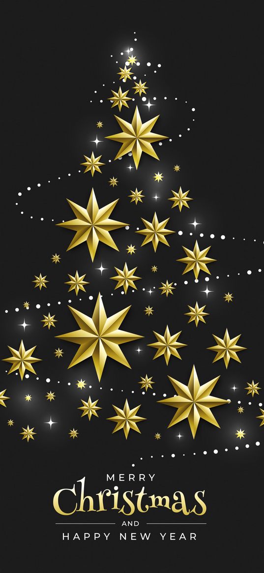 christmas tree, garland, lights, stars, golden, black background, christmas, new year, holiday