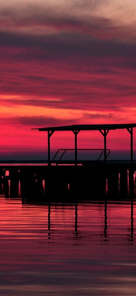 pier, wooden, evening, decline, twilight, red, outlines