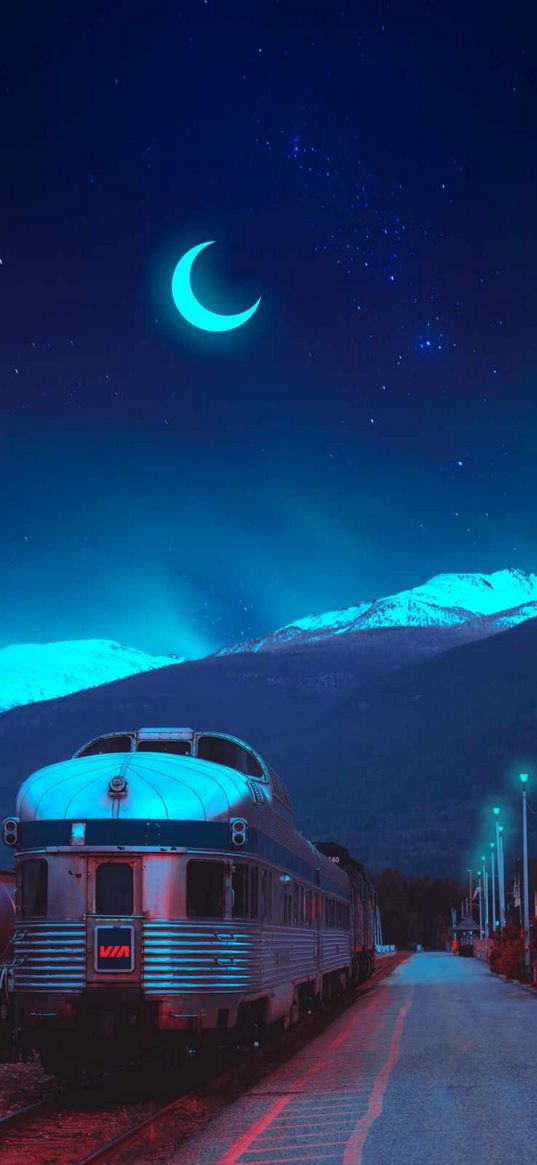 train, railway, station, lanterns, moon, mountains, stars, sky, night