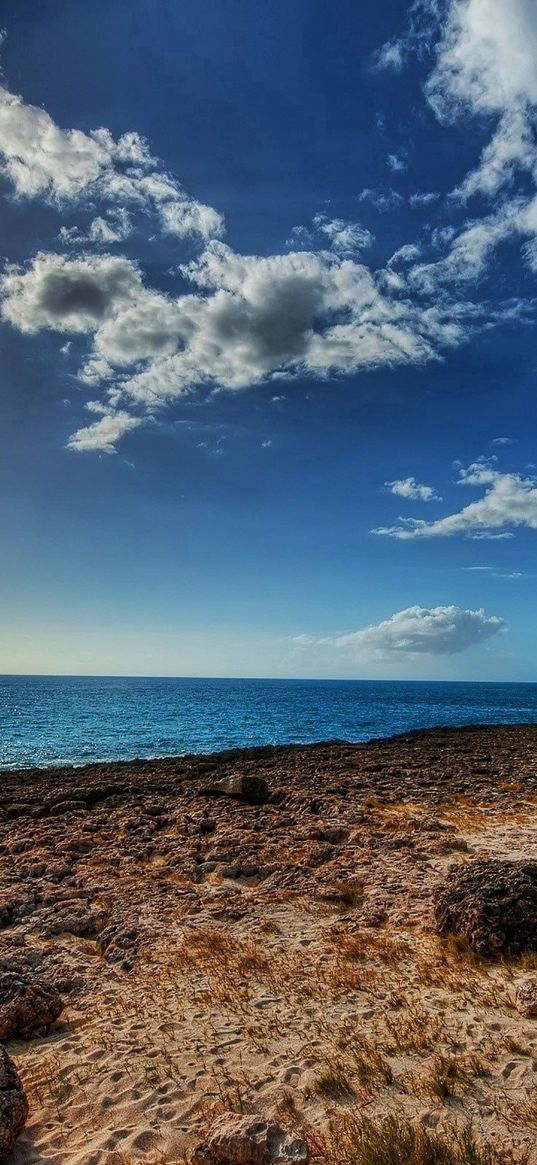 coast, stones, sandy, clouds, sky, sun