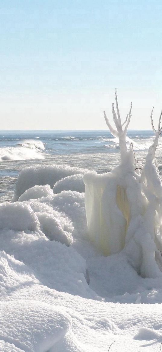 winter, snow, ocean, coast, ice, waves