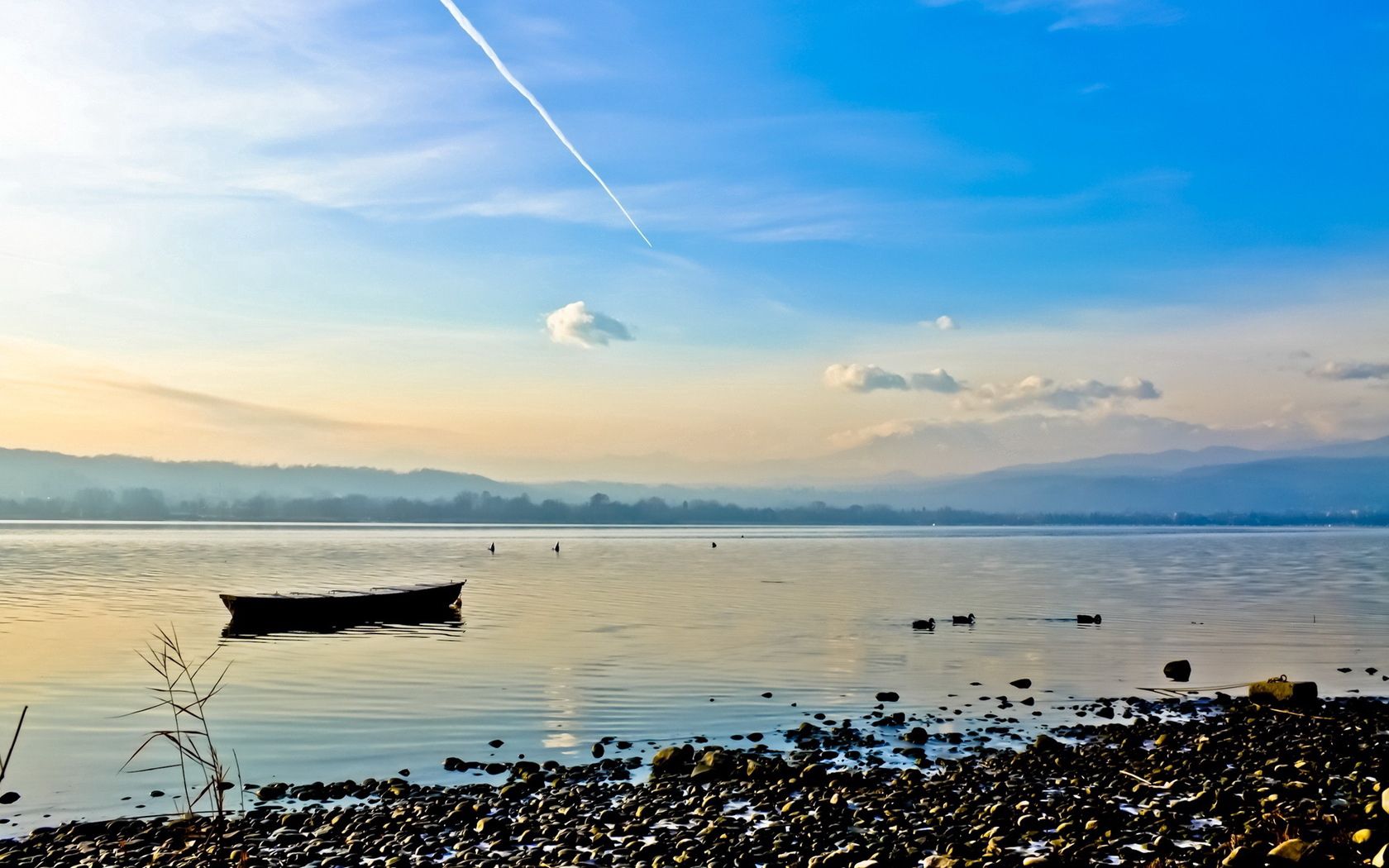 river, boat, landscape, stones, coast, sky, line