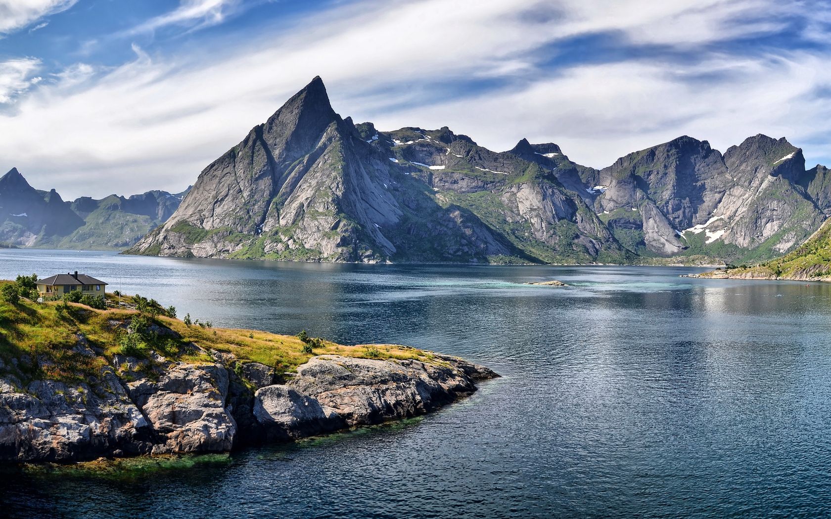 rocks, mountains, house, height, eminence, day, sea