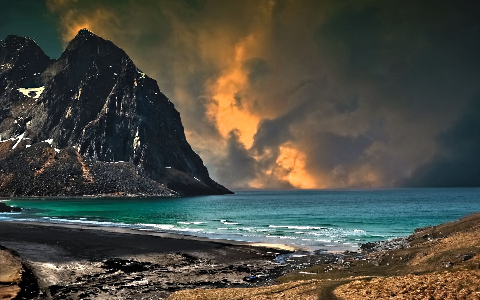 sea, mountains, cloudy, coast, colors