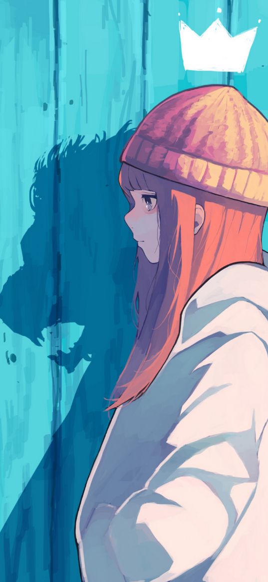 girl, hat, hoodie, fence, crown, shadow, monster, werewolf, anime, art