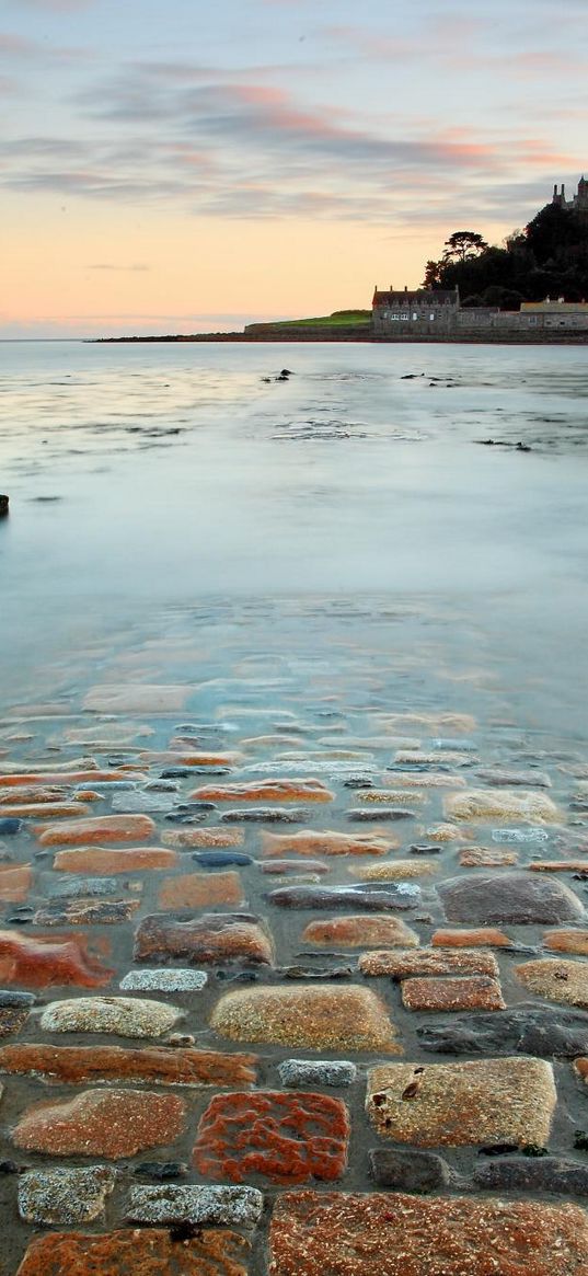 road, stones, surf, island, castle