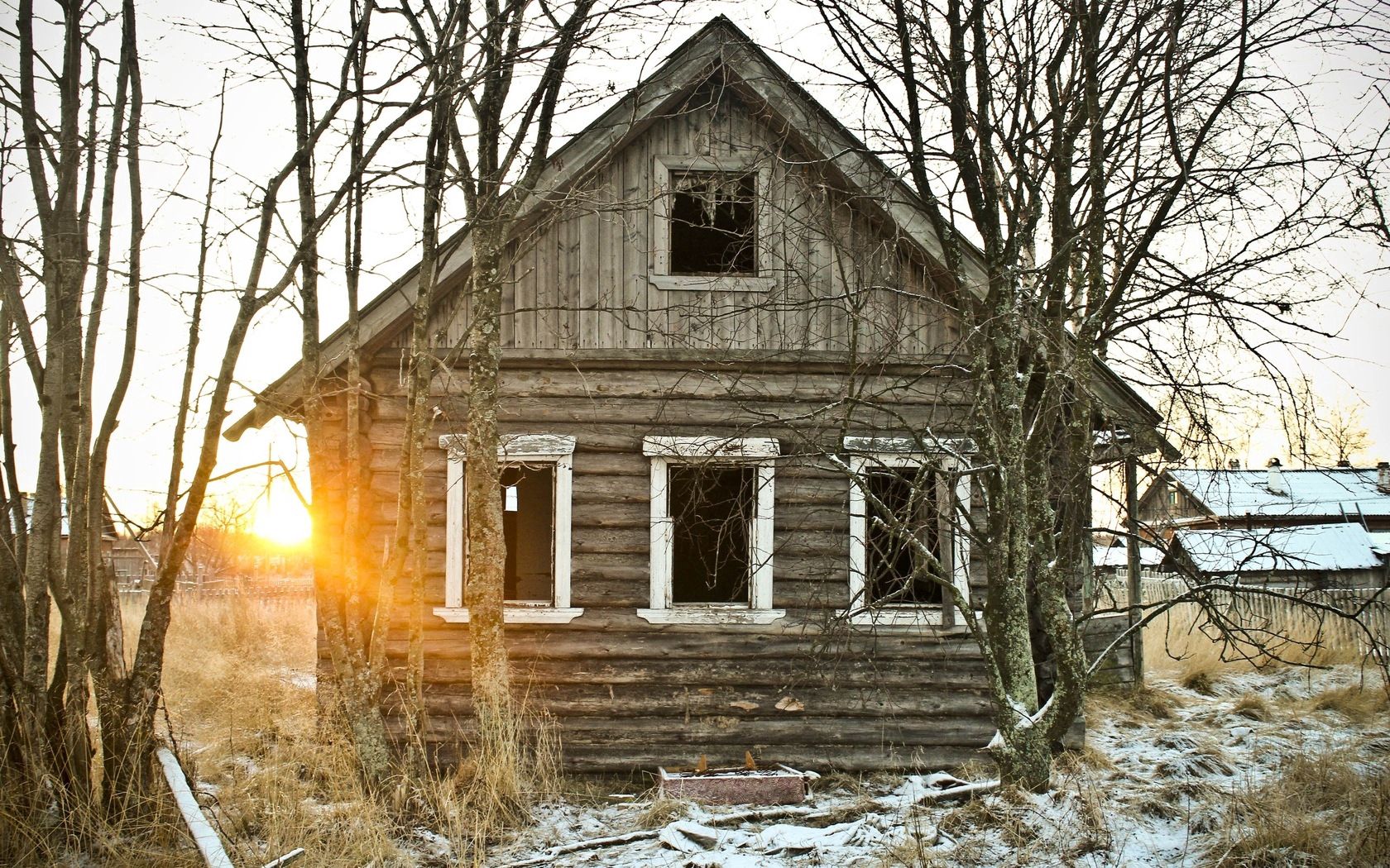 house thrown, autumn, trees, evening, decline, log hut