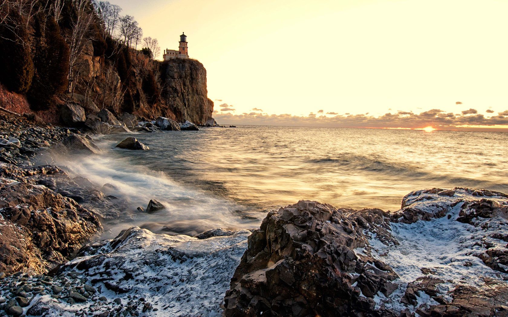 coast, stony, rock, beacon, snow, waves, sea