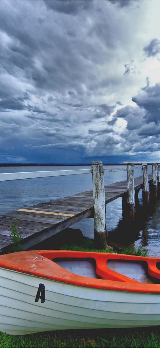 boat, pier, coast, reservoir, cloudy, evening