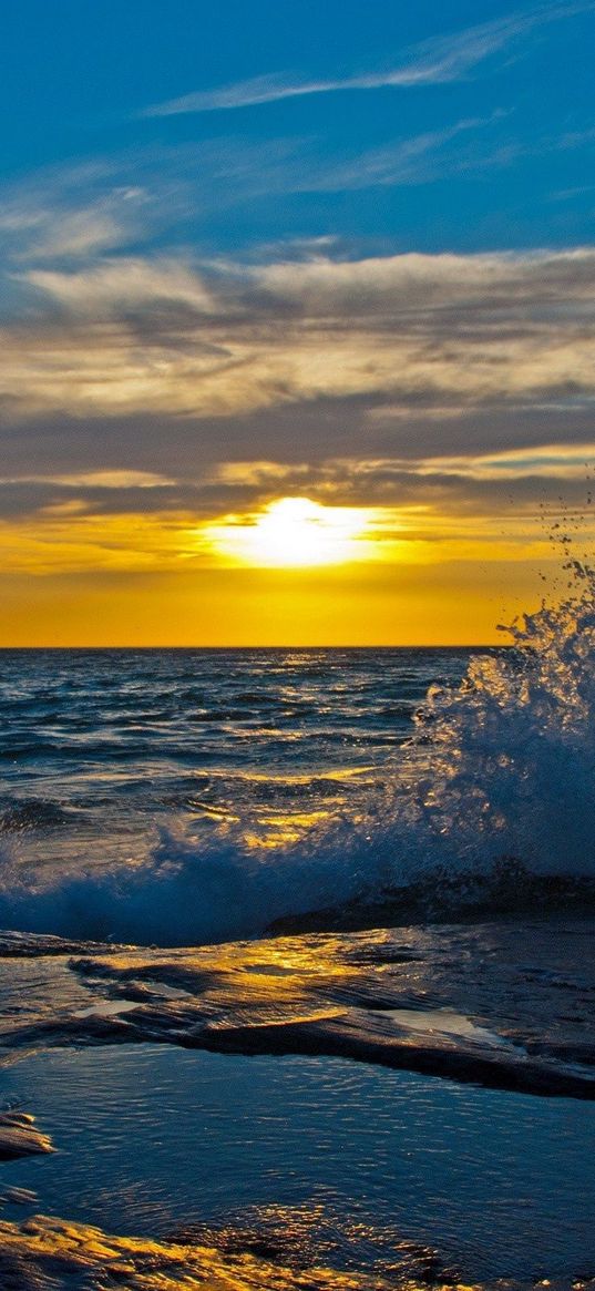 sun, decline, evening, splashes, wave, stony, protected