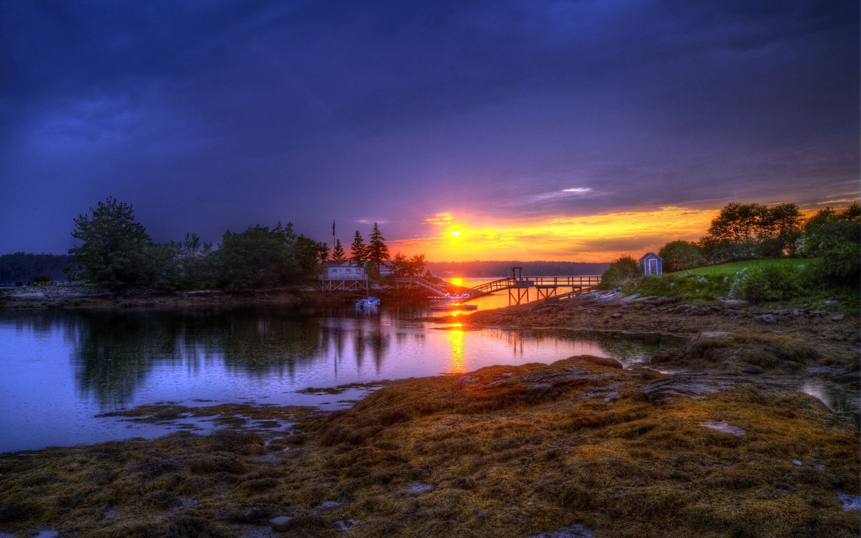 decline, lake, coast, stony, bridge, colors, boats, evening