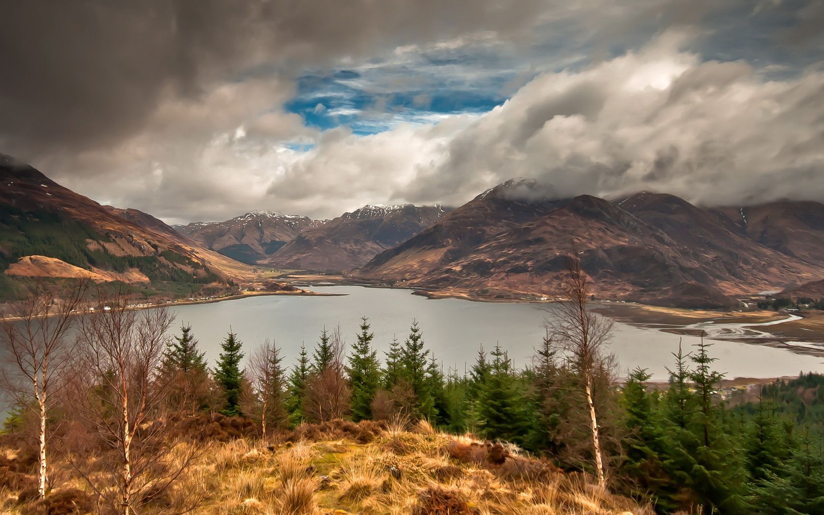 clouds, sky, cloudy, gleam, mountains, lake, fir-trees, autumn