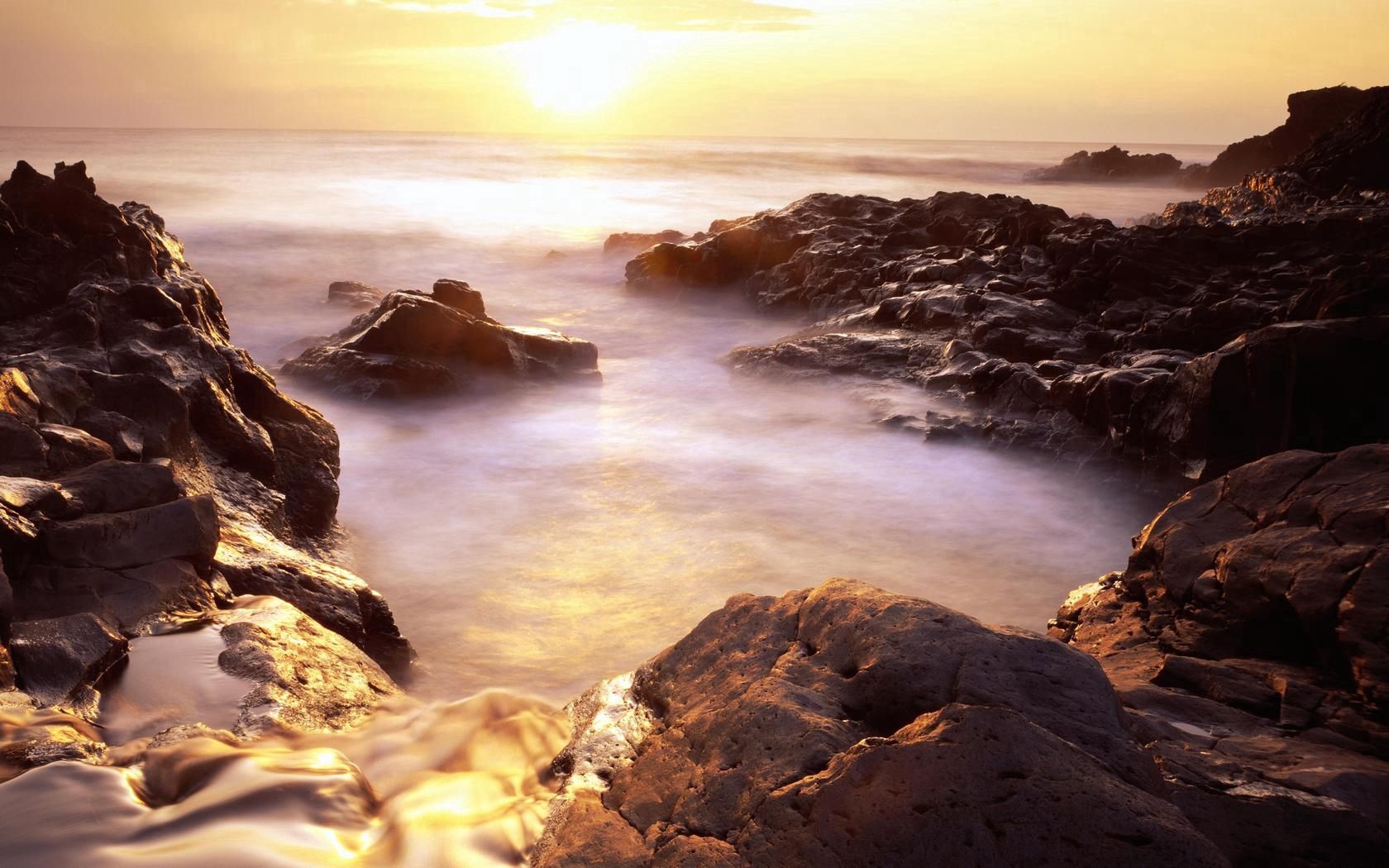 evaporation, stony coast, rising, sun, horizon, fog