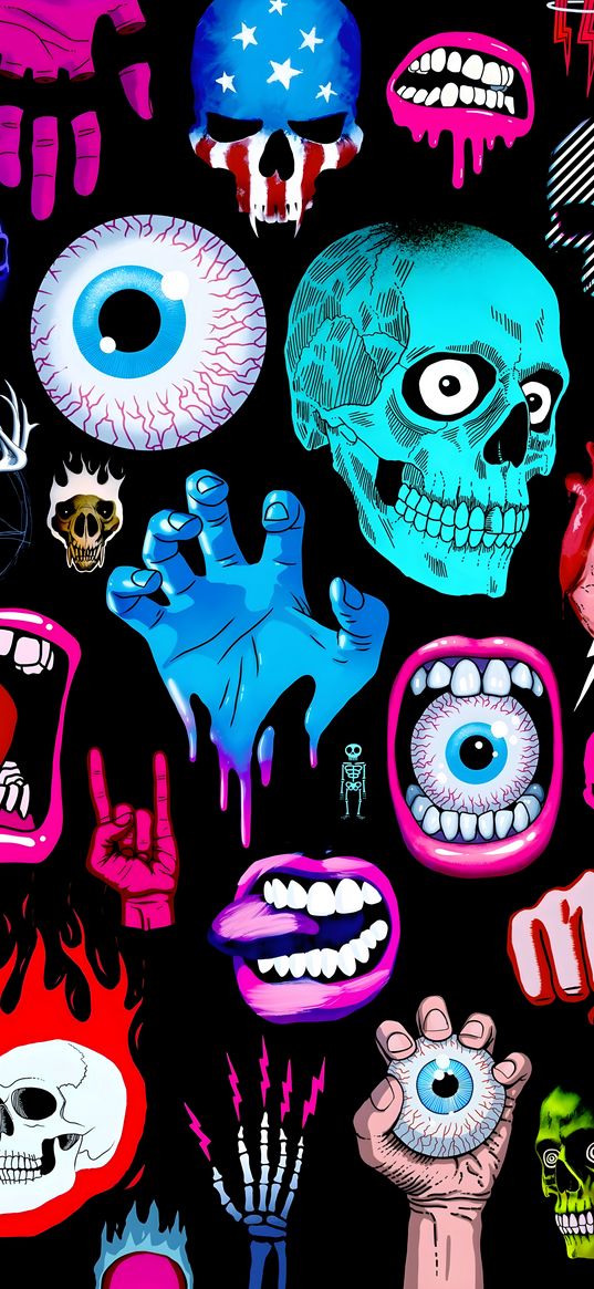 eye, skull, hand, mouth, skeleton, black background, pattern, art