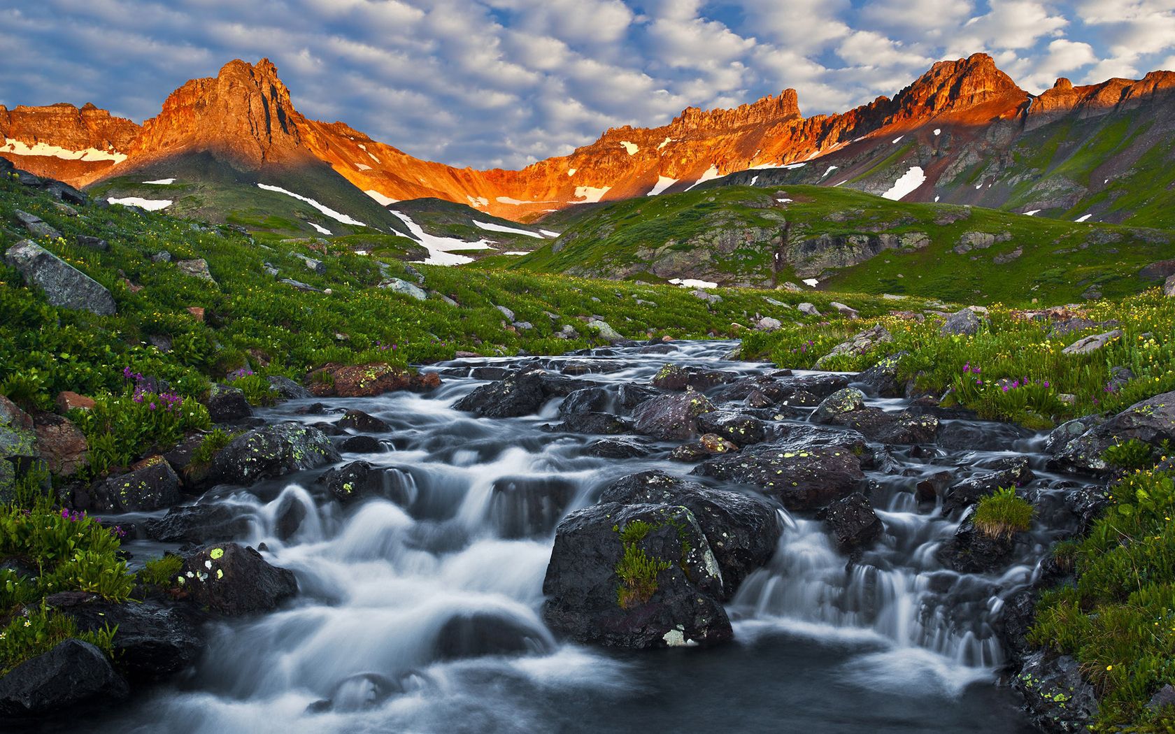 mountain river, stones, cascades, morning, sky, shadow, moss, landscape