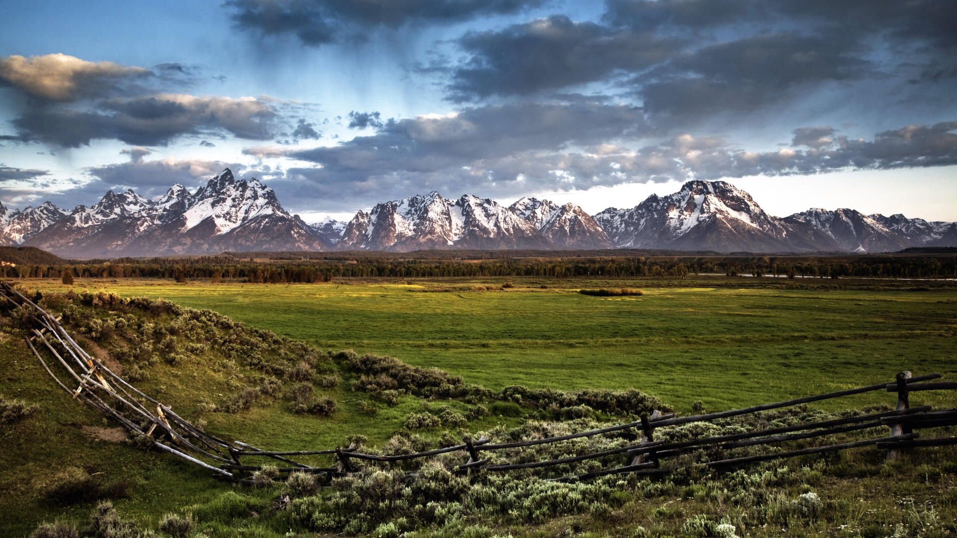 fence, mountains, field, pasture, clouds