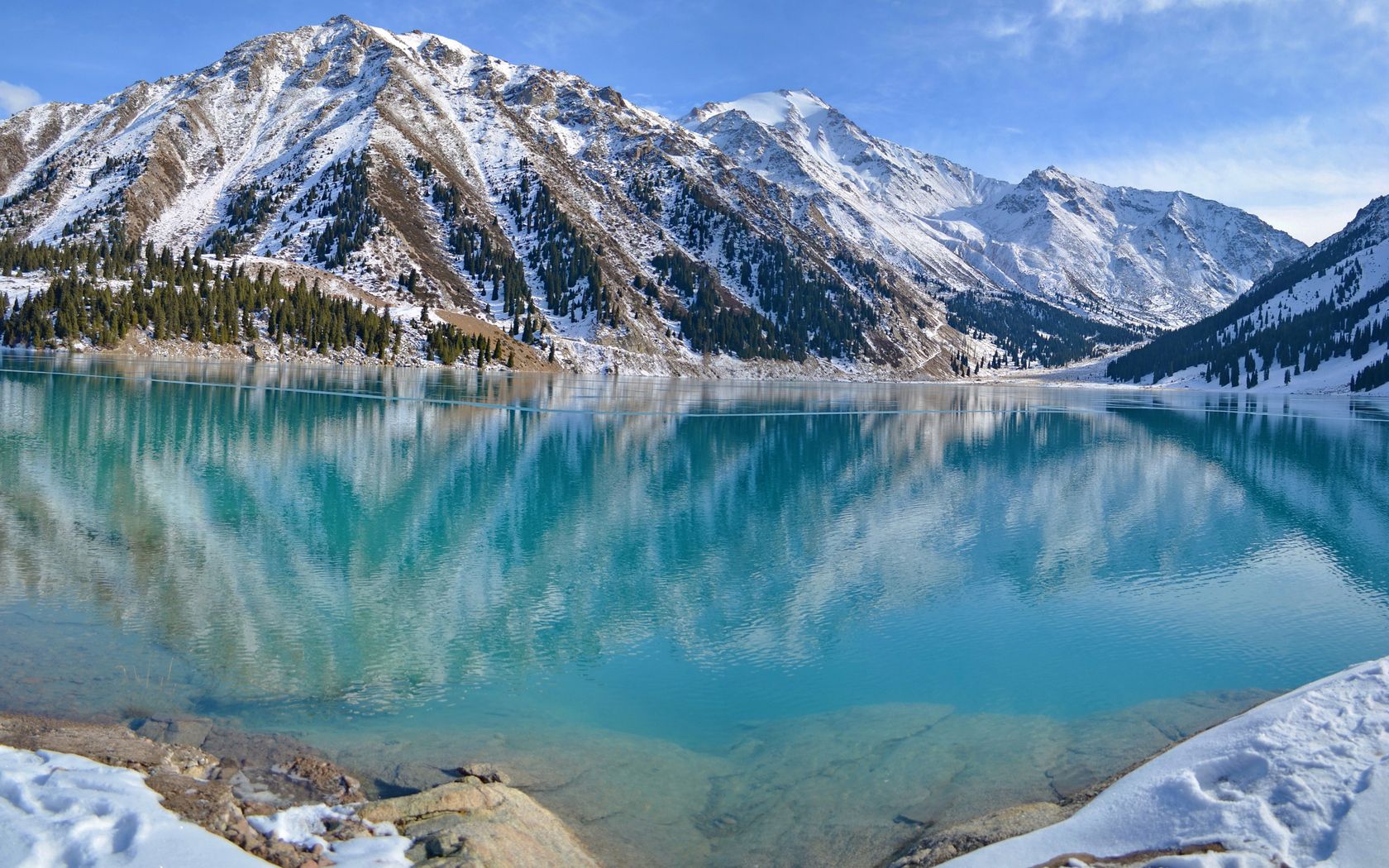 blue water, lake, mountains, winter, snow, freshness