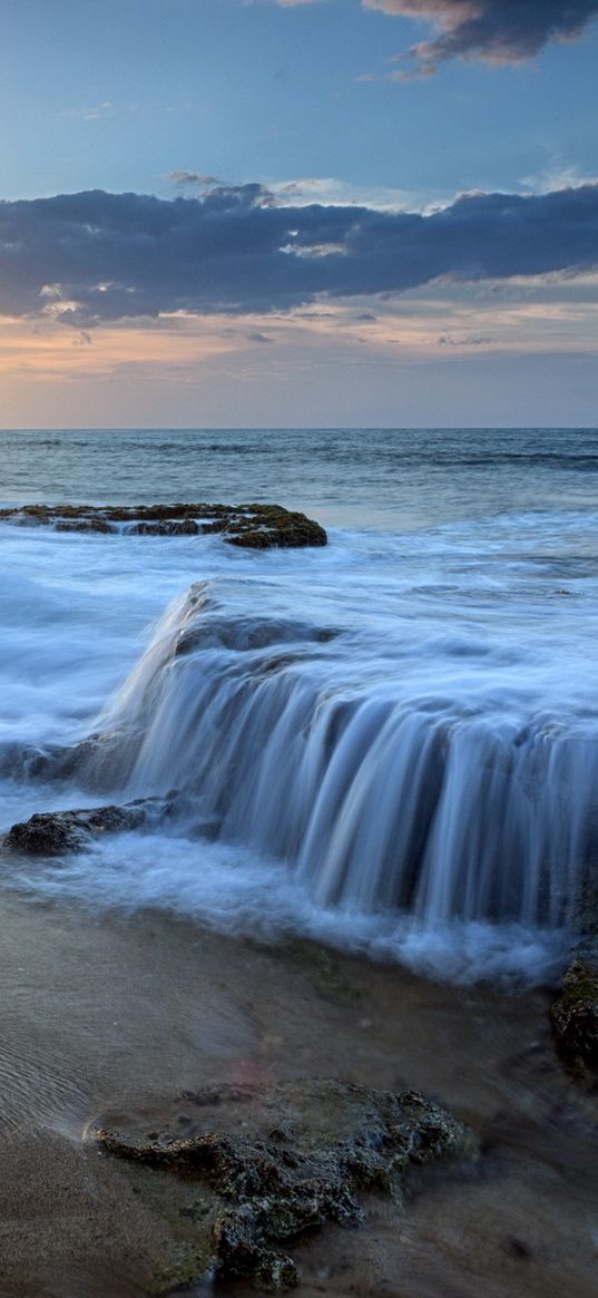 evening, water, wave, stony coast, sea noise