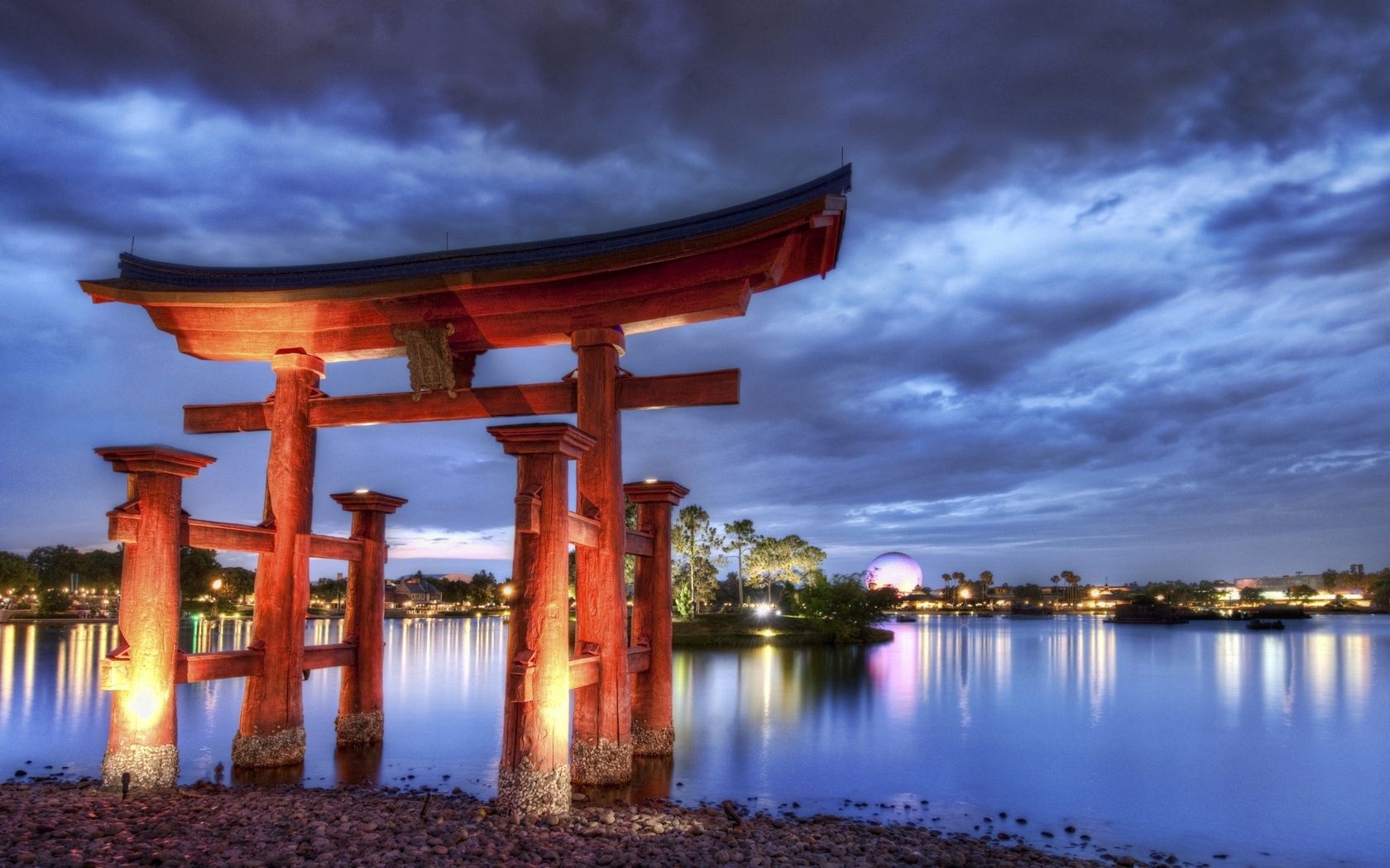 china, arch, evening, lake, city, coast