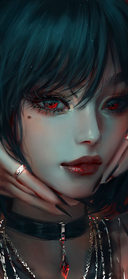 art girl, anime, choker, chains, red eyes