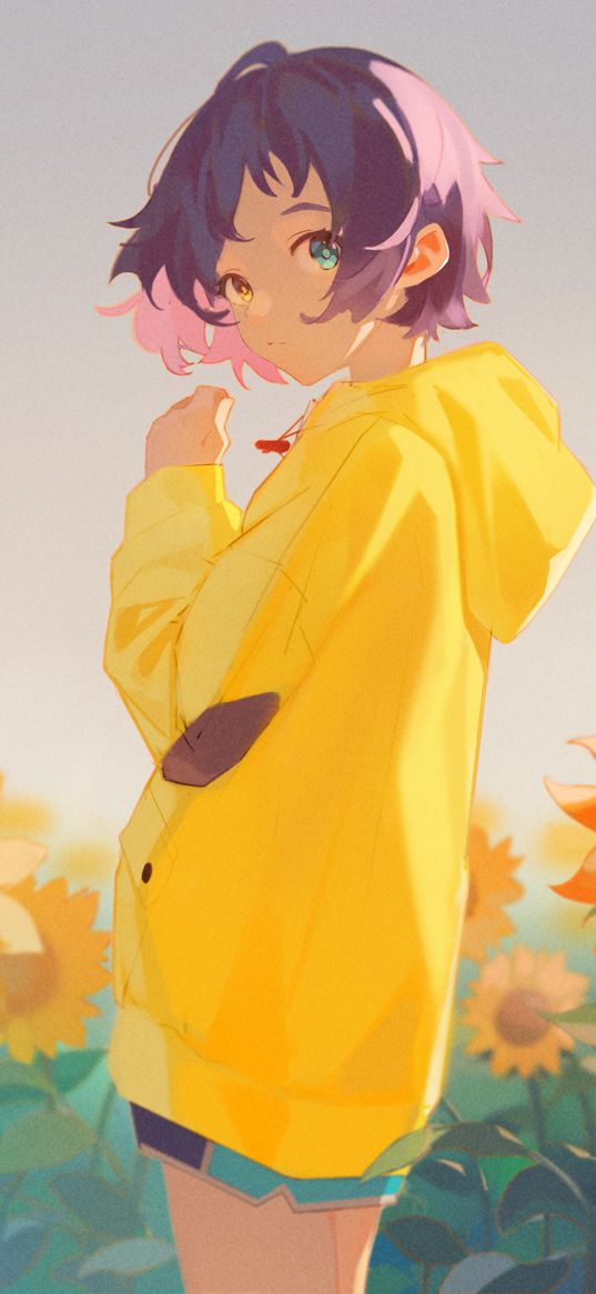 art, anime, girl, yellow, hoodie