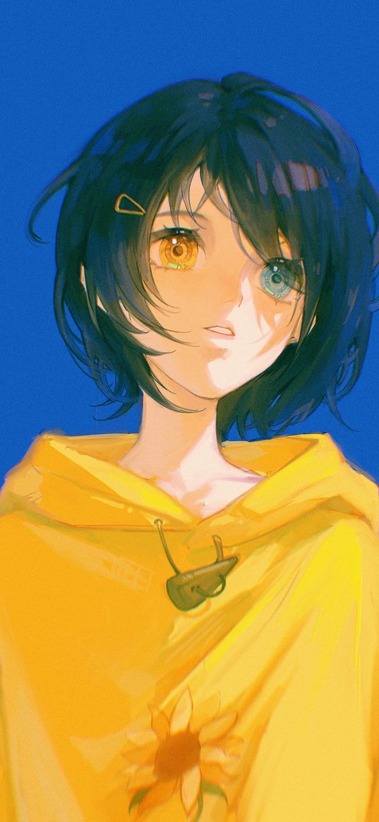 art, anime, girl, yellow, hoodie, sunflower