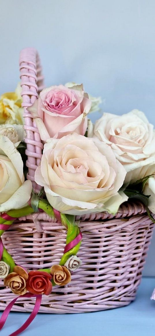 roses, flowers, basket, bells, bows