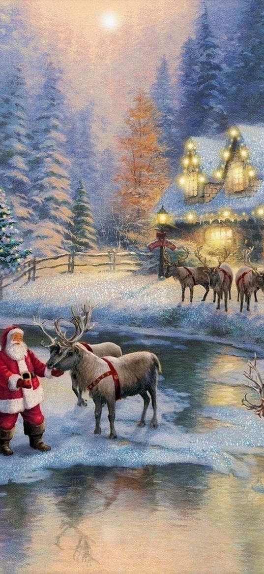 christmas, santa, deer, river, garland, spruce, art