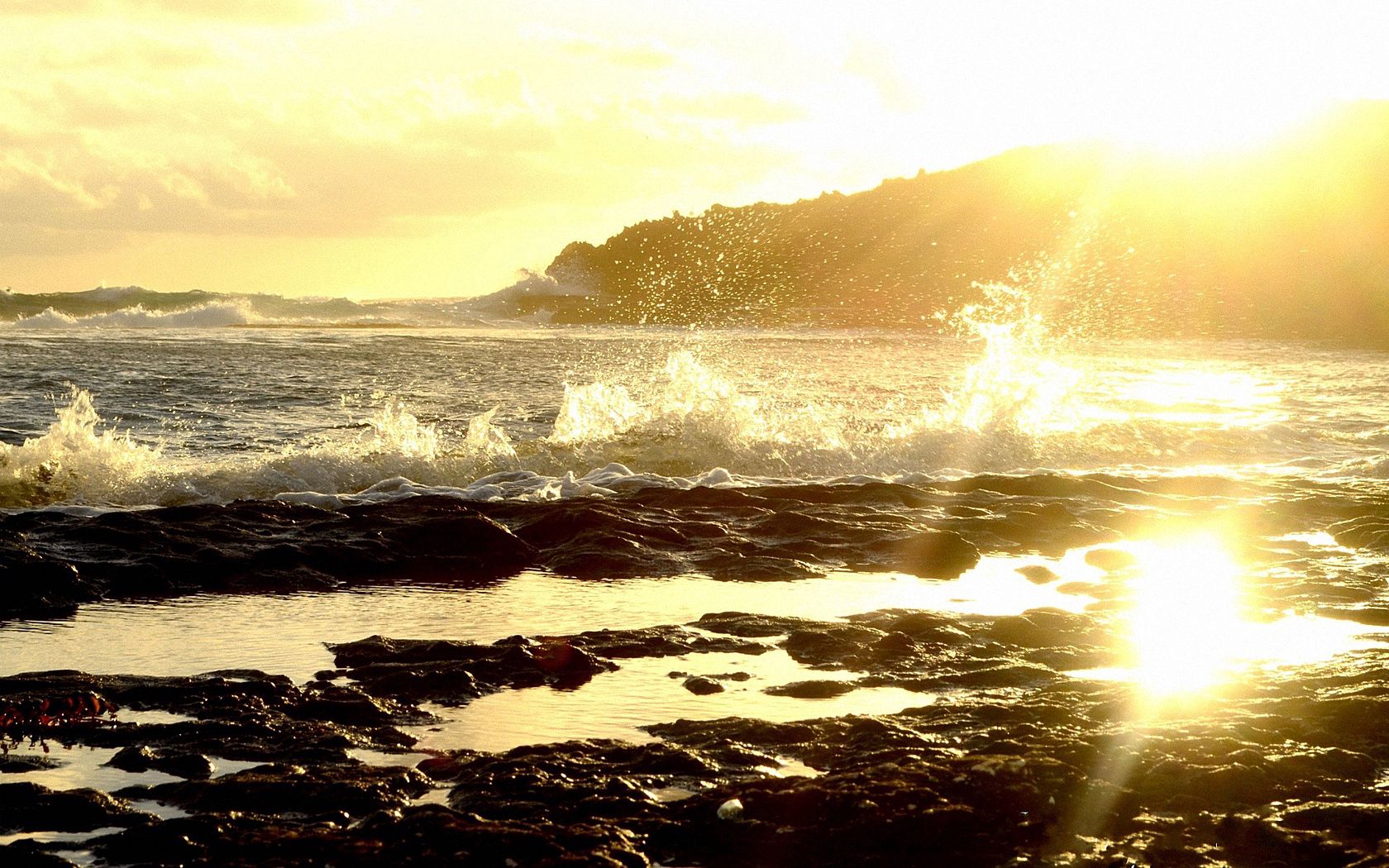 sea, splashes, waves, coast, stony, sun, light