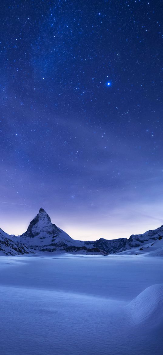 mountain, ice, blue sky, stars, snow, snowdrifts