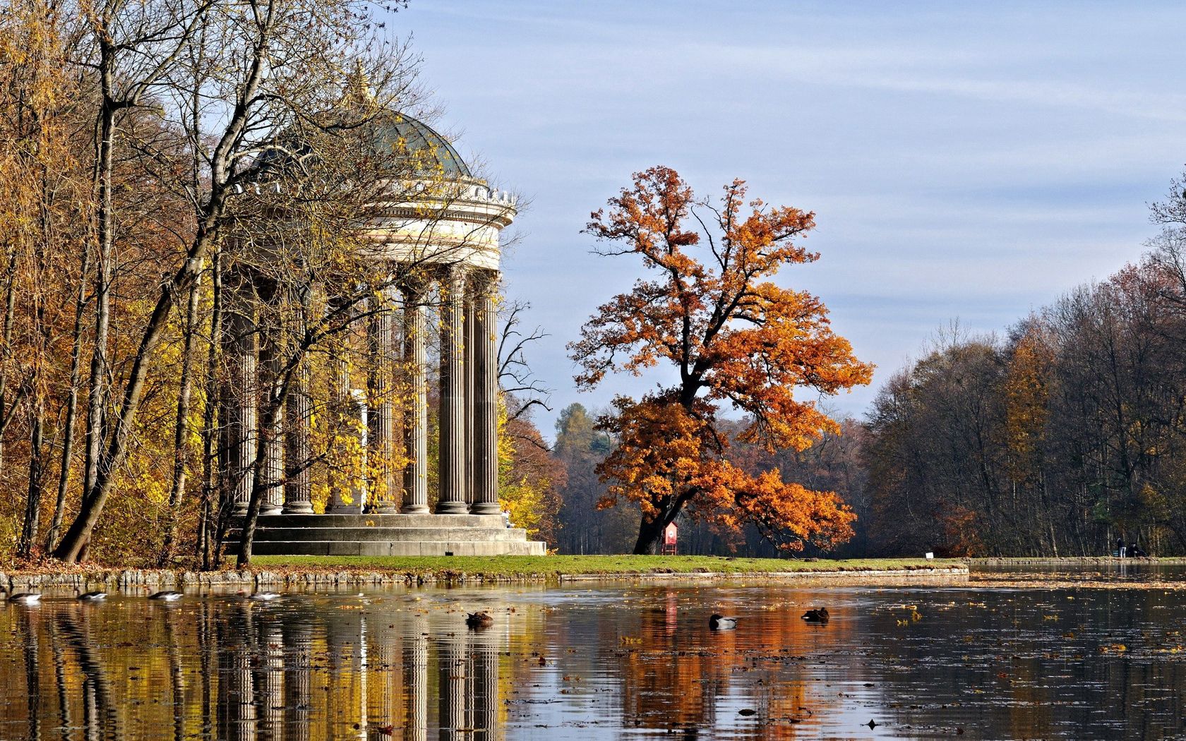 arbor, columns, park, autumn, tree, pond