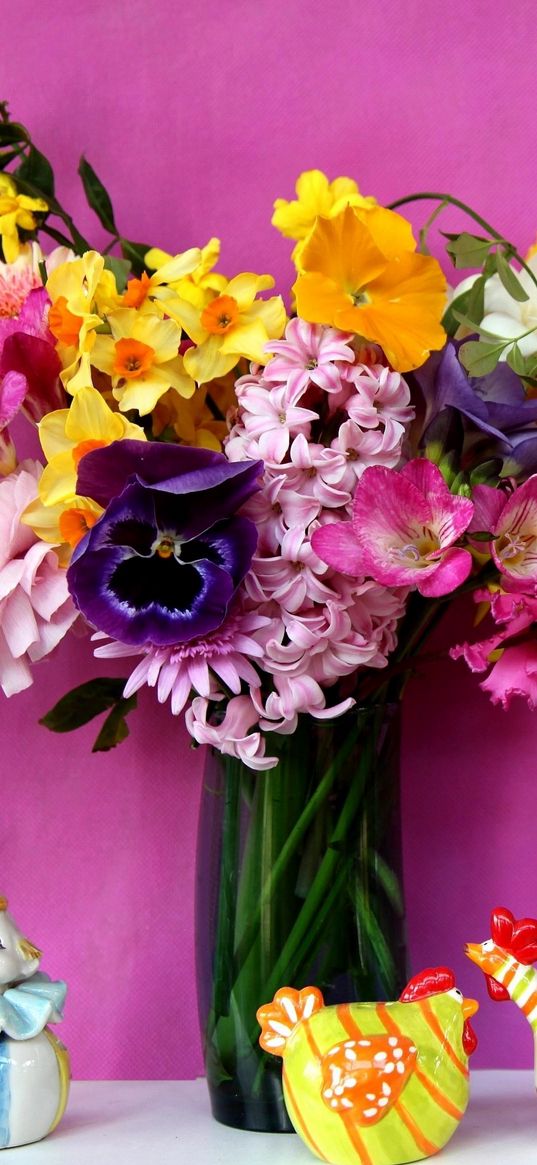 daffodils, hyacinths, freesia, pansy, ranunkulyus, flowers, figurines