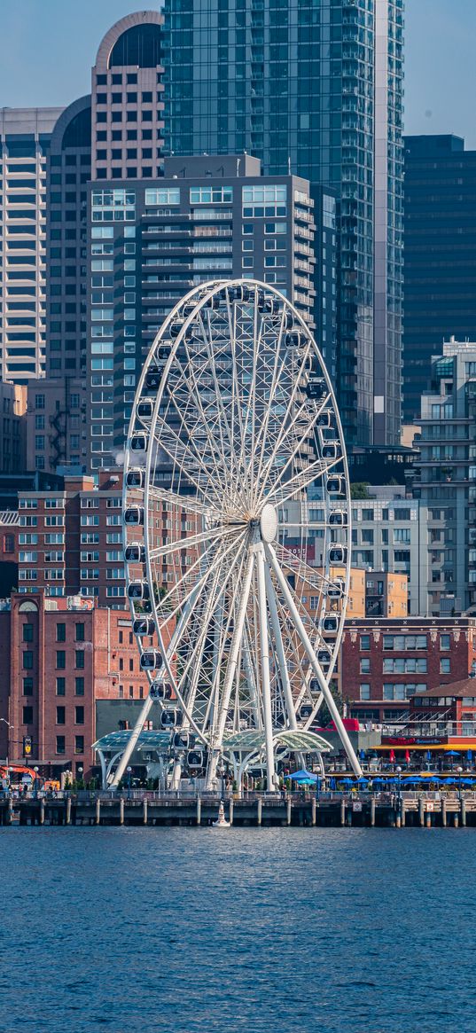 ferris wheel, attraction, buildings, water