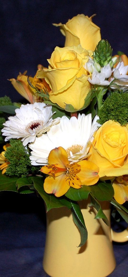 alstroemeria, gerberas, roses, bouquet, design, glass, leaves