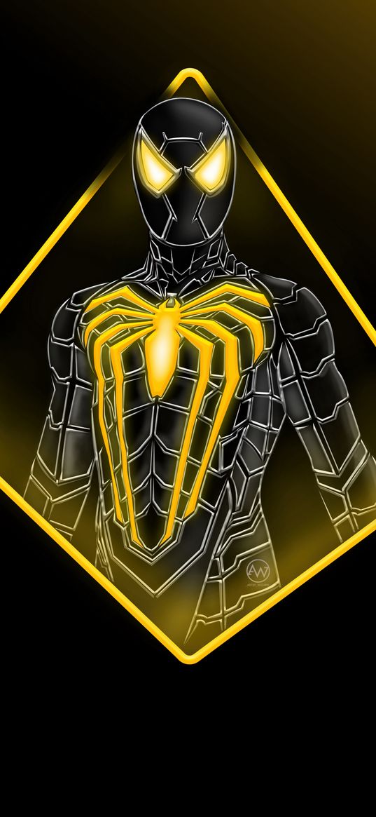 spider-man, spiderman, superhero, marvel, black, yellow, frame, neon, black background, art