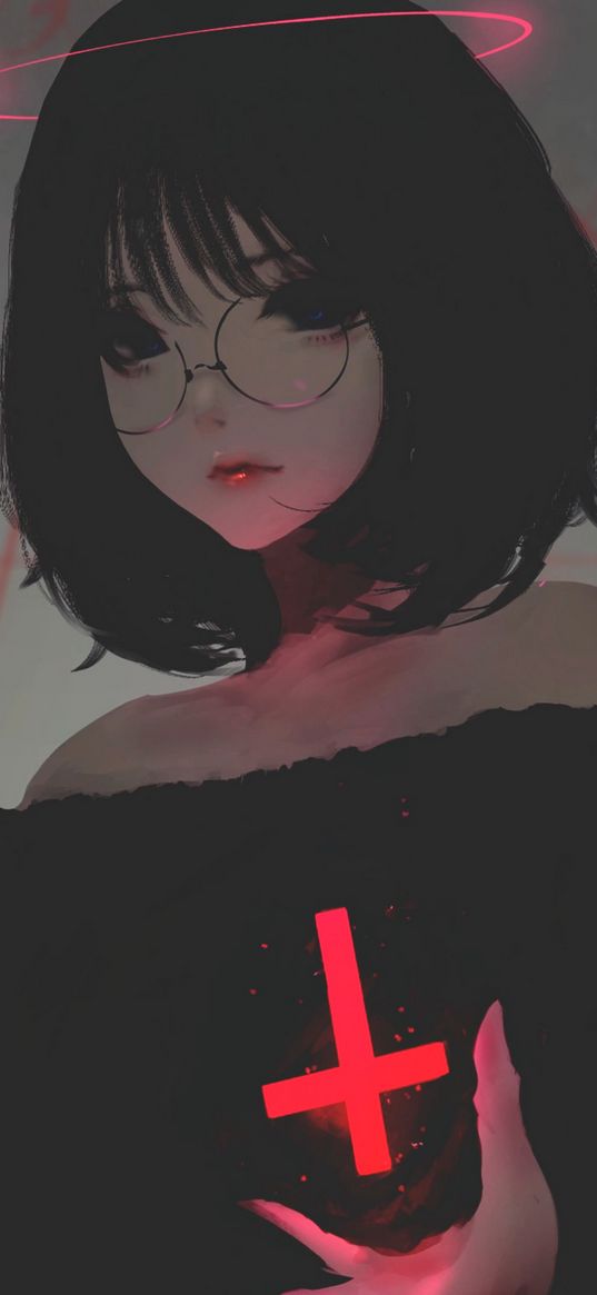 art, anime, girl, neon, cross, glow