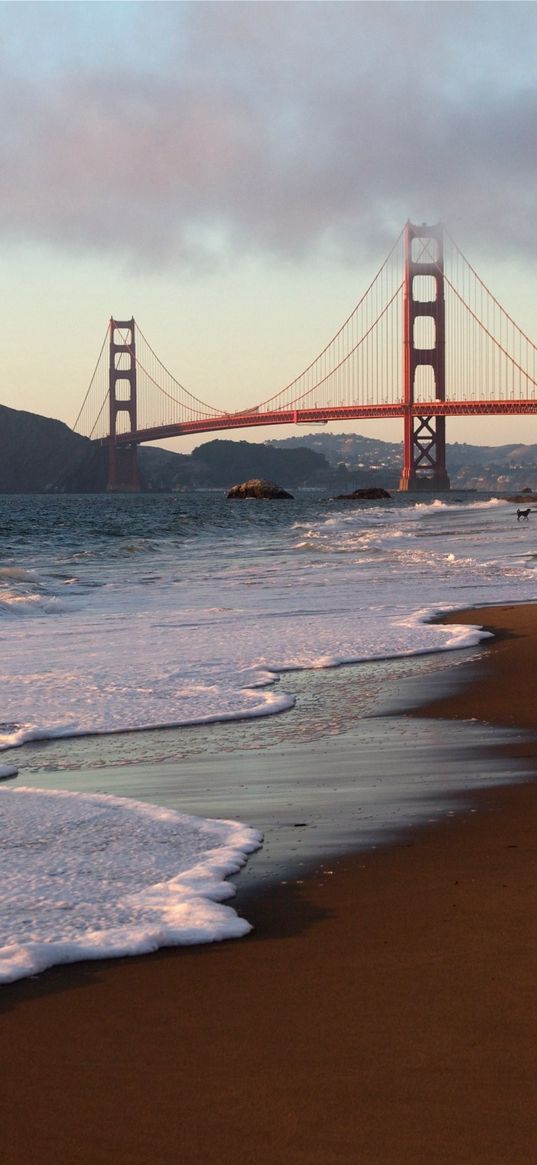 san francisco, coast, sand, traces, bridge, people, walk, california