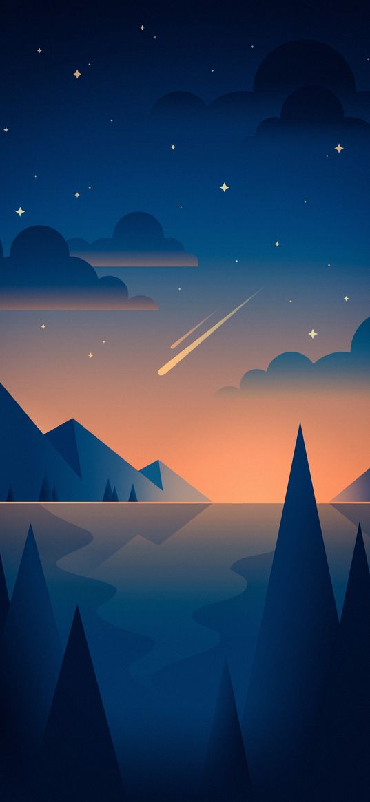 shooting stars, stars, clouds, mountain, sky, blue sky, art