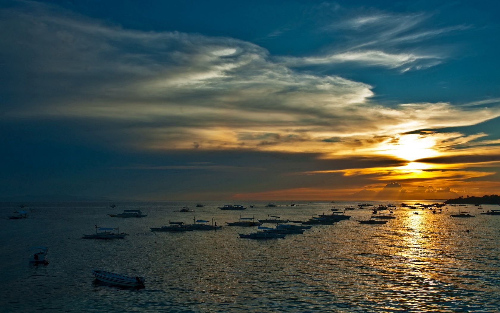 twilight, sea, sky, boats, decline