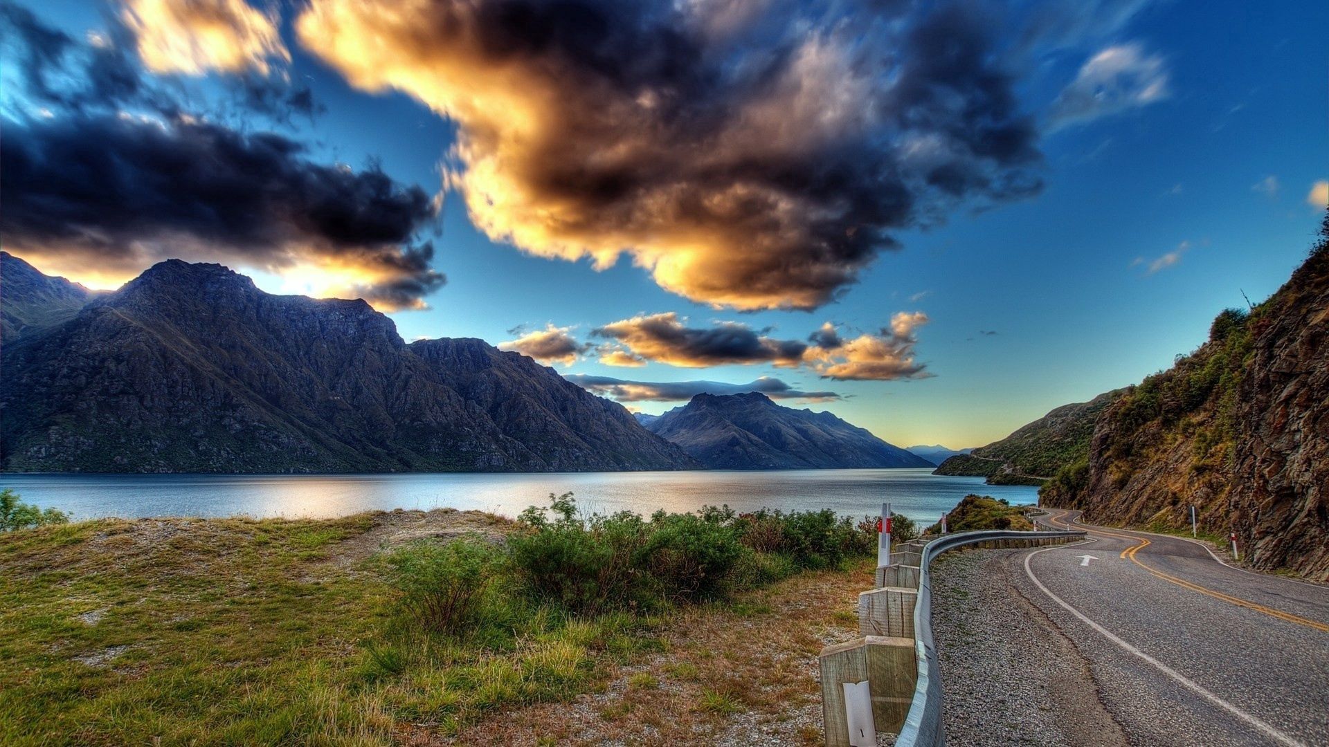 road, clouds, river, mountains, asphalt, marking