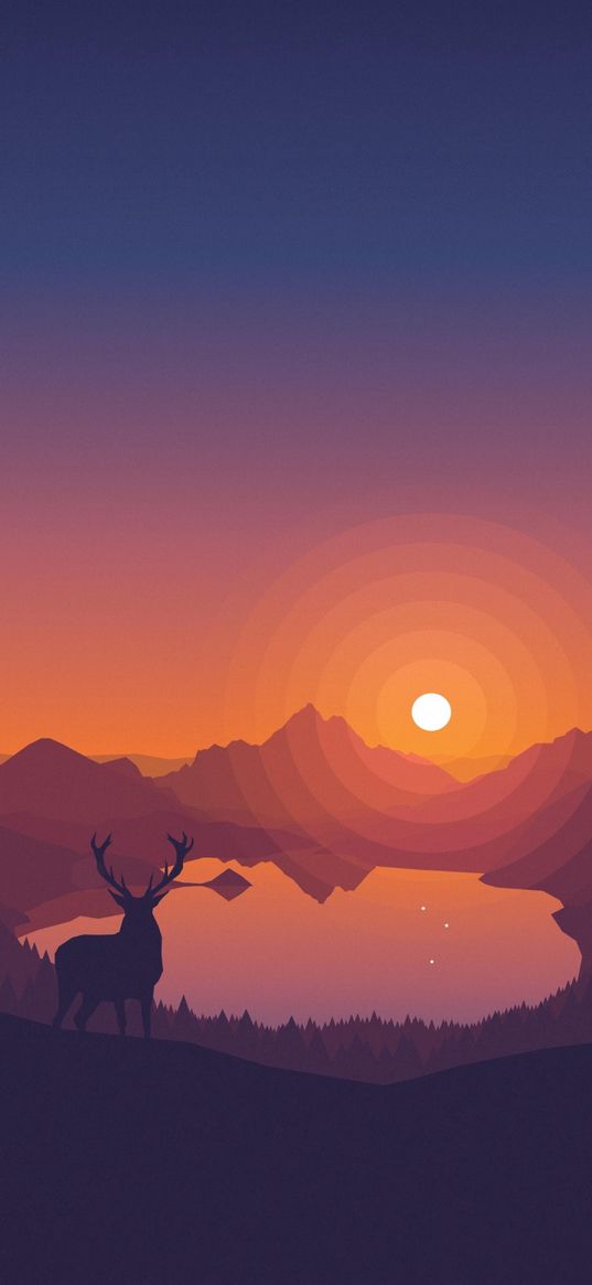 deer, lake, mountains, sunset, sun, sky, landscape, nature, art