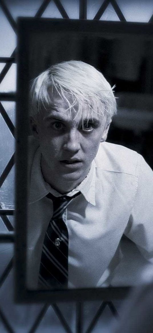 draco malfoy, harry potter, movie, guy, blonde, mirror, fright, fear