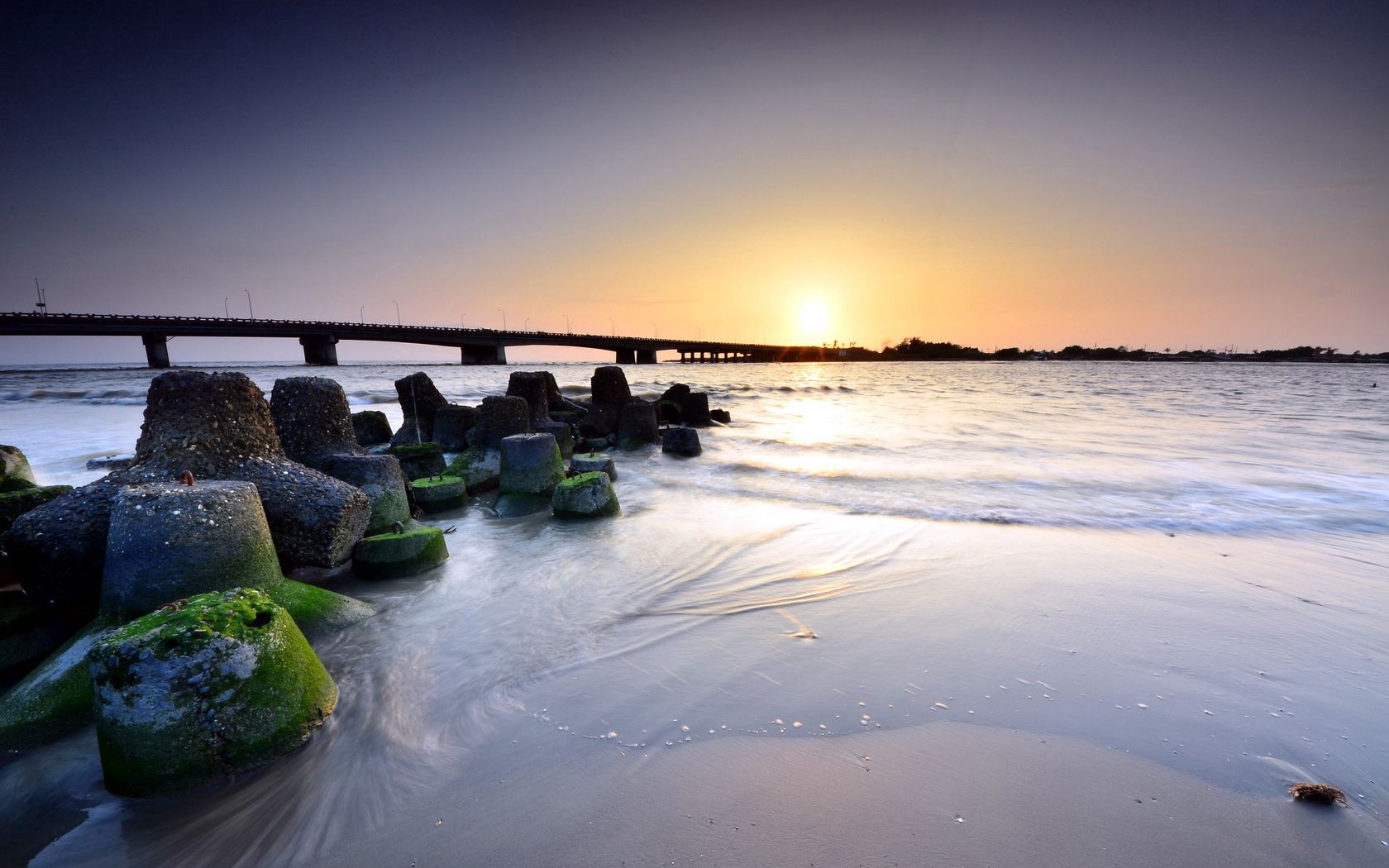 decline, coast, sand, wet, stones, bridge, sea, calm, landscape