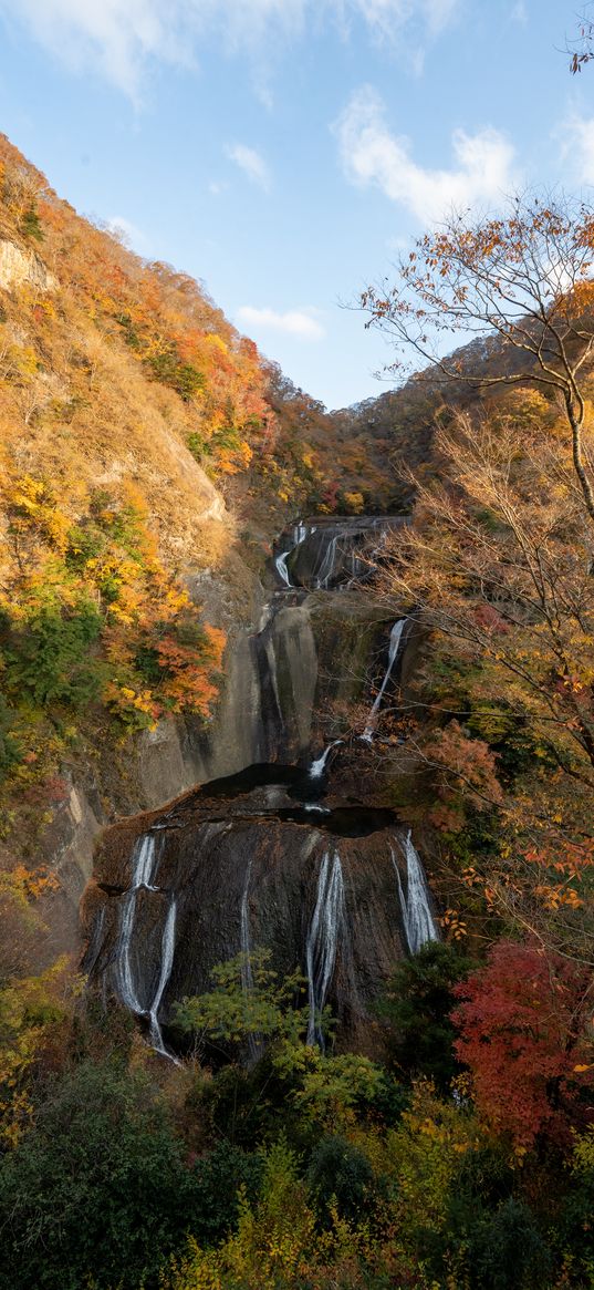 waterfall, cascade, mountains, trees