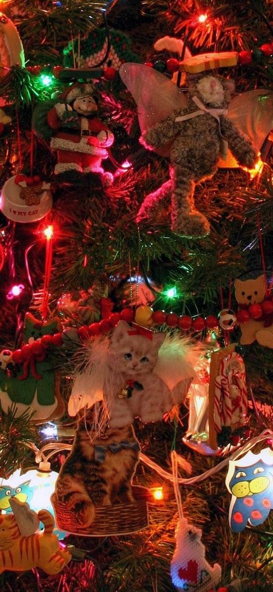 christmas tree, garlands, ornaments, toys, cat, new year, celebration