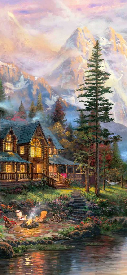 house, bonfire, river, trees, forest, mountains, landscape, nature, painting