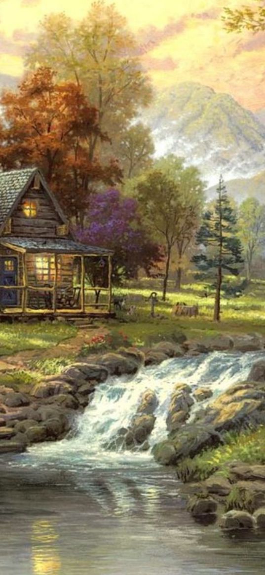 house, lonely, stream, pond, deer, trees, forest, nature, painting