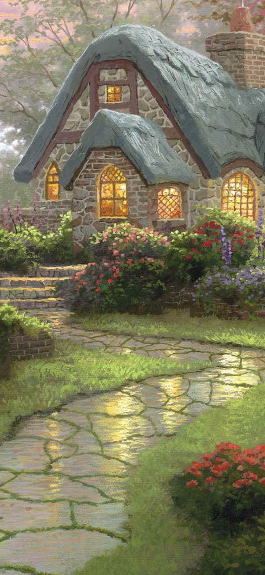 house, well, river, flowers, garden, trees, forest, painting