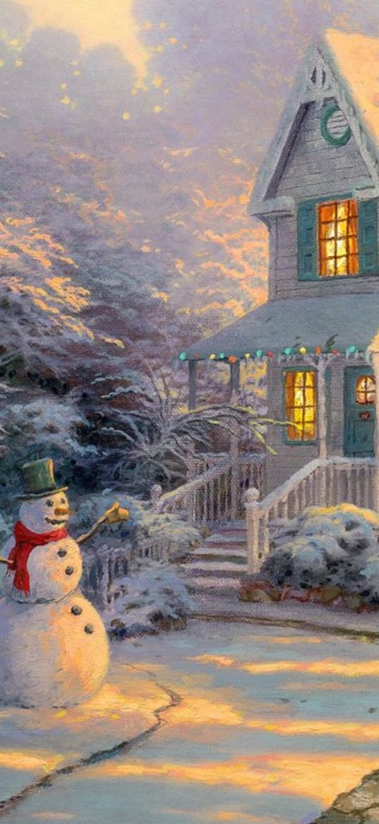 house, snowman, garland, yard, wreath, snow, winter, christmas, new year, painting