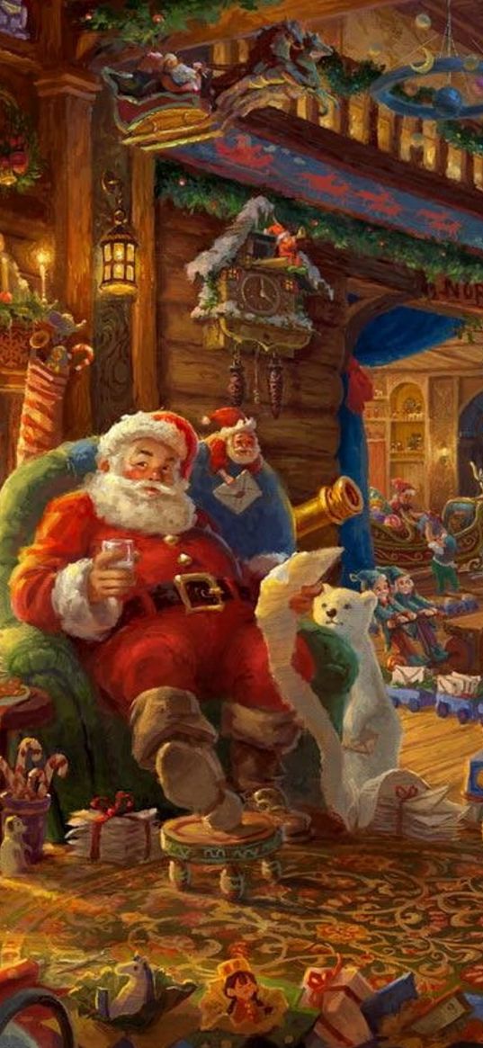 santa claus, gnomes, elves, toys, gifts, christmas tree, fireplace, house, new year, christmas, painting